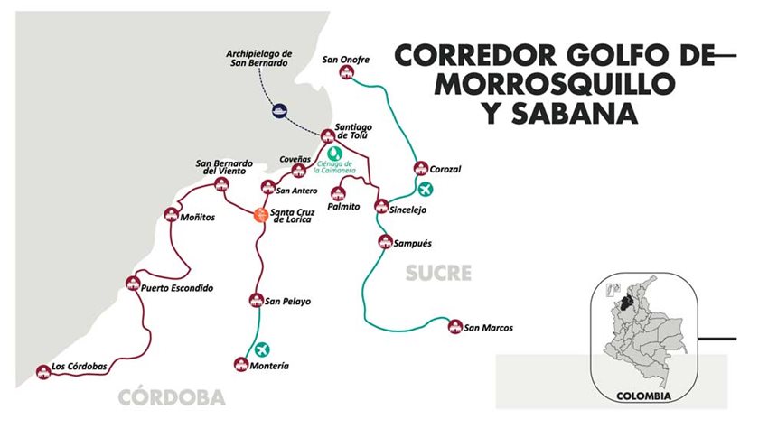 En este corredor están ciudades como Montería, Santa Cruz de Lorica, el Archipiélago de San Bernardo y Coveñas