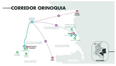 El corredor de la Orinoquía está compuesto por cuatro departamentos: Guainía, Vaupés, Guaviare y Vichada.